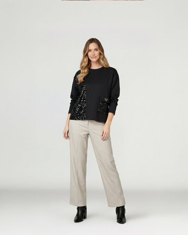 Poleron Mujer Paz Relaxed Cuello Redondo Manga Caída Negro Lineatre