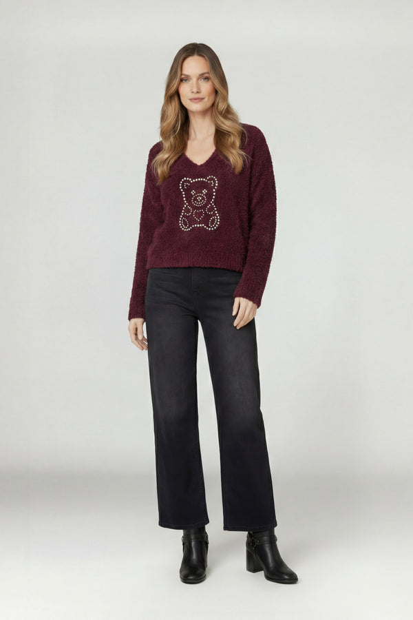 Sweater Mujer Mara Relaxed Cuello En V Manga Caída Vino Lineatre