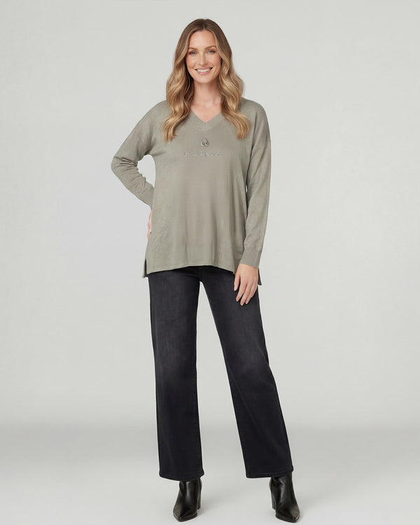 Sweater Mujer Olivia Relaxed Cuello En V Manga Caída Fango Lineatre