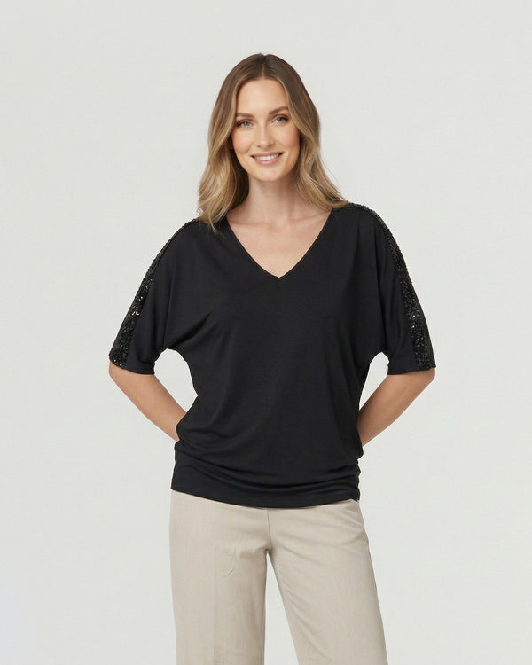 Poleron Mujer Montserrat Relaxed Cuello En V Manga Caída Negro Lineatre