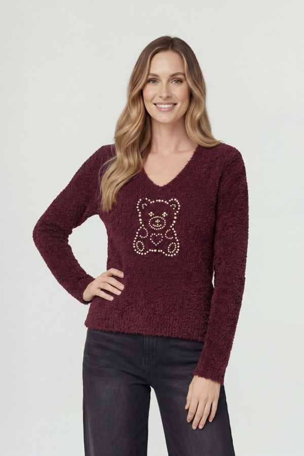 Sweater Mujer Mara Relaxed Cuello En V Manga Caída Vino Lineatre