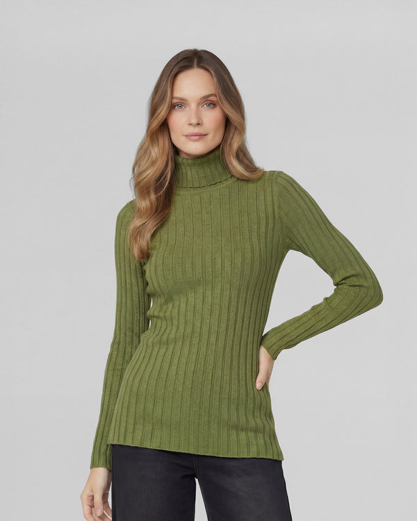 Sweater Mujer Josefa Slim Fit Cuello Alto Redondo Manga Ajustada Militar Lineatre