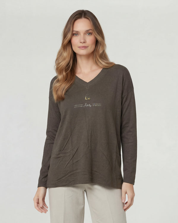 Sweater Mujer Olivia Relaxed Cuello En V Manga Caída Chocolate Lineatre
