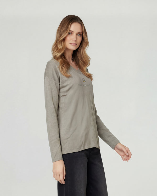 Sweater Mujer Olivia Relaxed Cuello En V Manga Caída Fango Lineatre