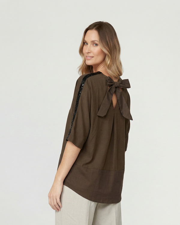 Poleron Mujer Montserrat Relaxed Cuello En V Manga Caída Chocolate Lineatre