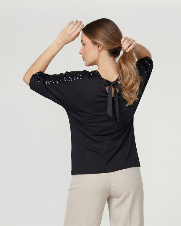Poleron Mujer Montserrat Relaxed Cuello En V Manga Caída Negro Lineatre