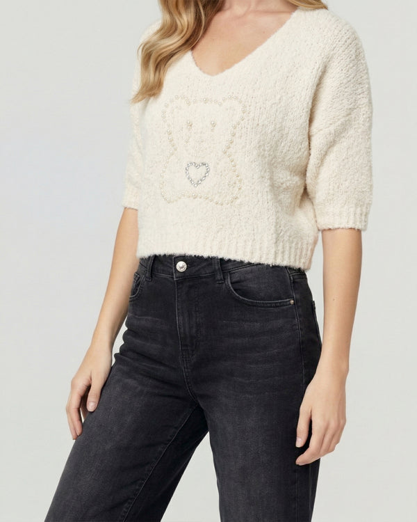 Sweater Mujer Mara Relaxed Cuello En V Manga Caída Crudo Lineatre