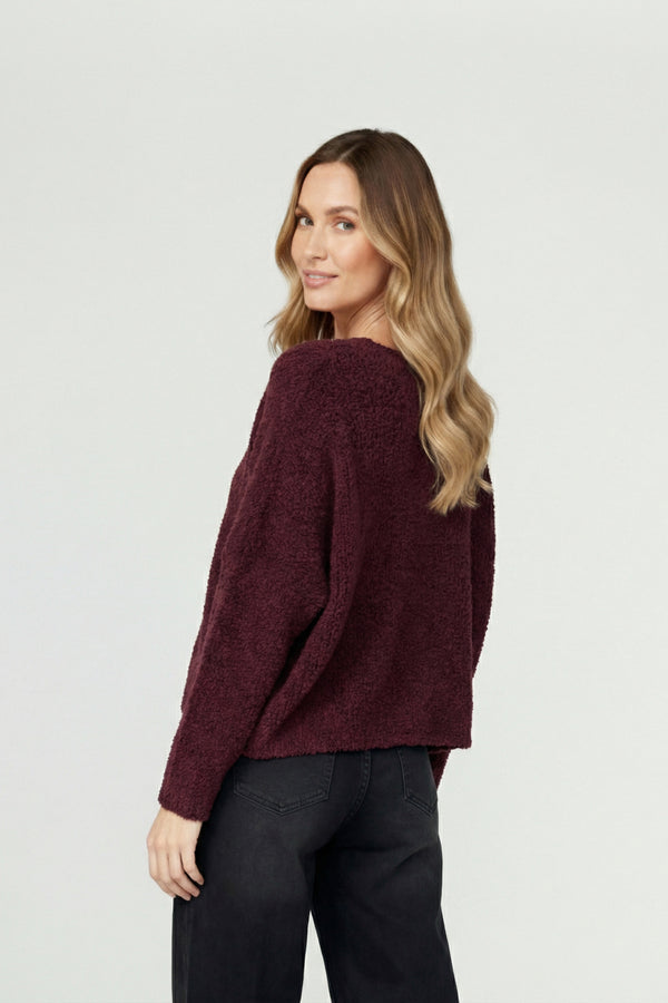 Sweater Mujer Mara Relaxed Cuello En V Manga Caída Vino Lineatre