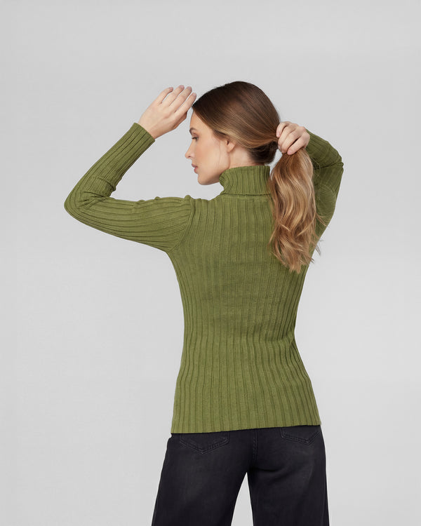 Sweater Mujer Josefa Slim Fit Cuello Alto Redondo Manga Ajustada Militar Lineatre