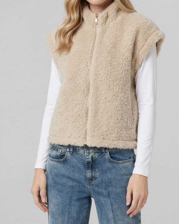 Gillet Mujer Antonia Relaxed Cuello Medio Alto Con Cierre Manga Caída Beige Lineatre