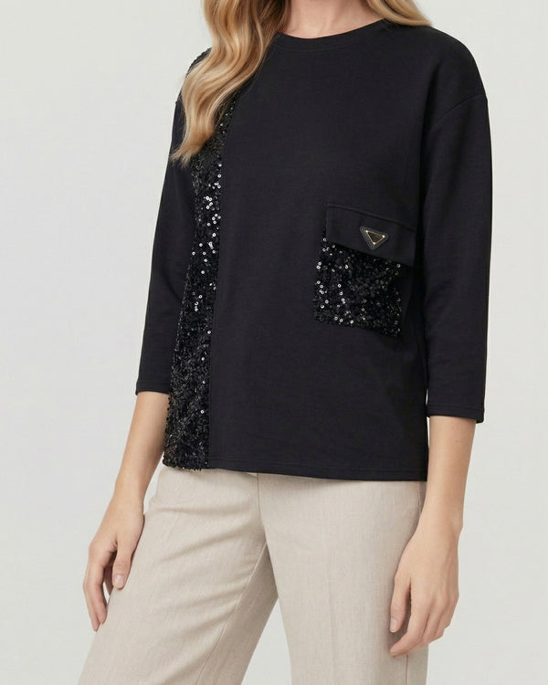 Poleron Mujer Paz Relaxed Cuello Redondo Manga Caída Negro Lineatre