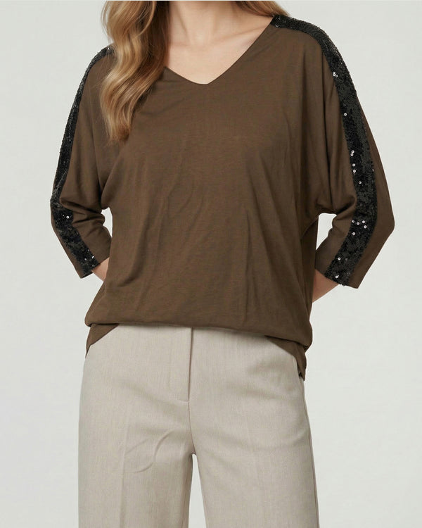 Poleron Mujer Montserrat Relaxed Cuello En V Manga Caída Chocolate Lineatre
