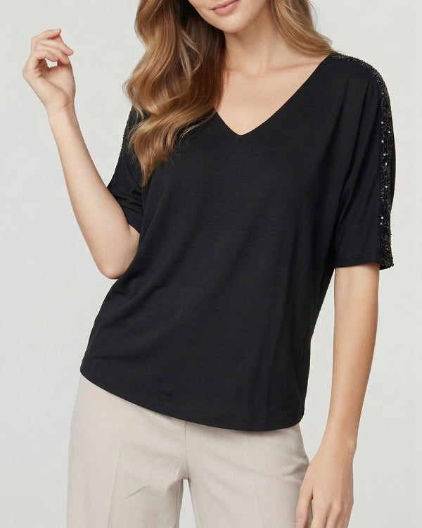 Poleron Mujer Montserrat Relaxed Cuello En V Manga Caída Negro Lineatre