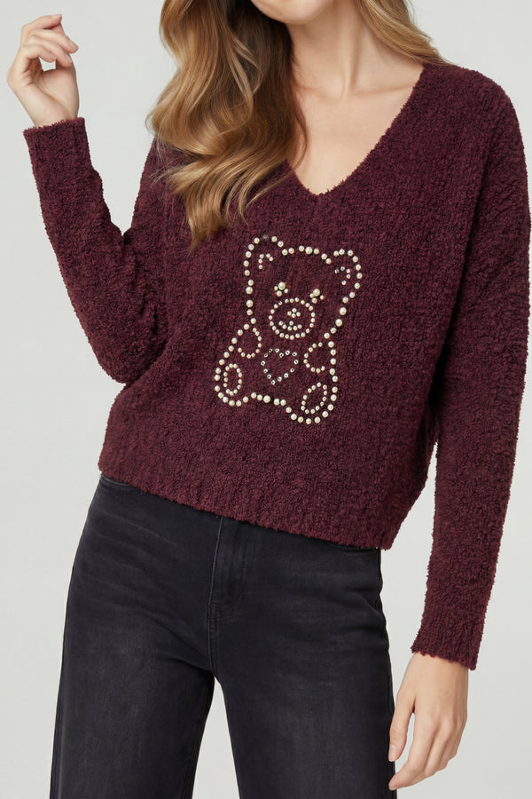 Sweater Mujer Mara Relaxed Cuello En V Manga Caída Vino Lineatre