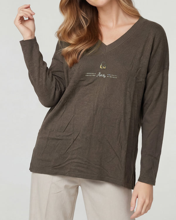 Sweater Mujer Olivia Relaxed Cuello En V Manga Caída Chocolate Lineatre