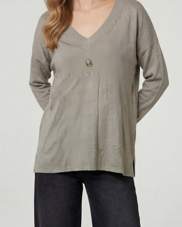 Sweater Mujer Olivia Relaxed Cuello En V Manga Caída Fango Lineatre