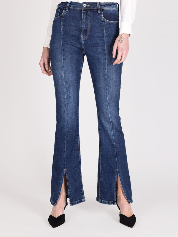 Jeans The Ness Cropped Flare Abertura Azul Lineatre