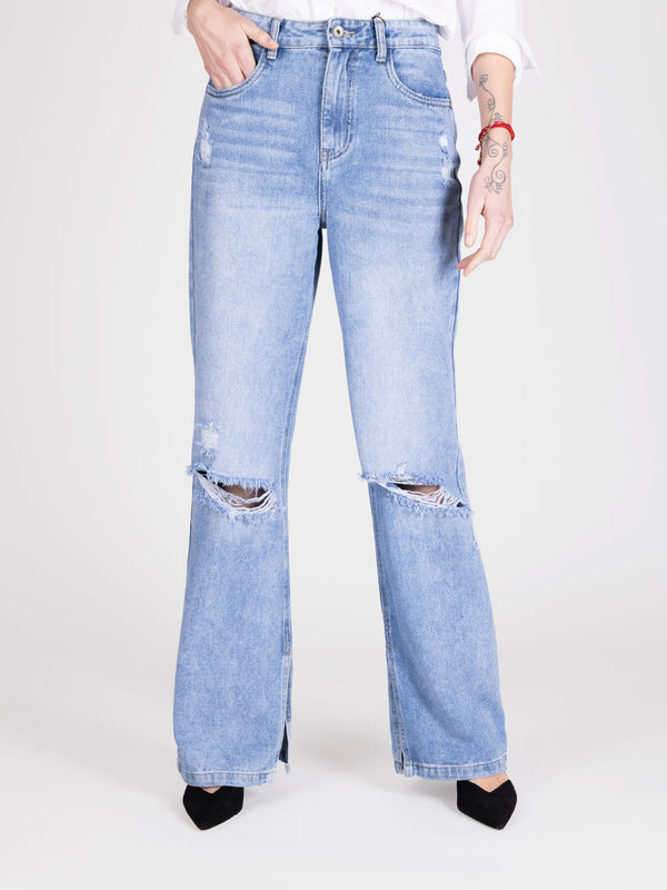 Jeans wide leg abertura azul lineatre