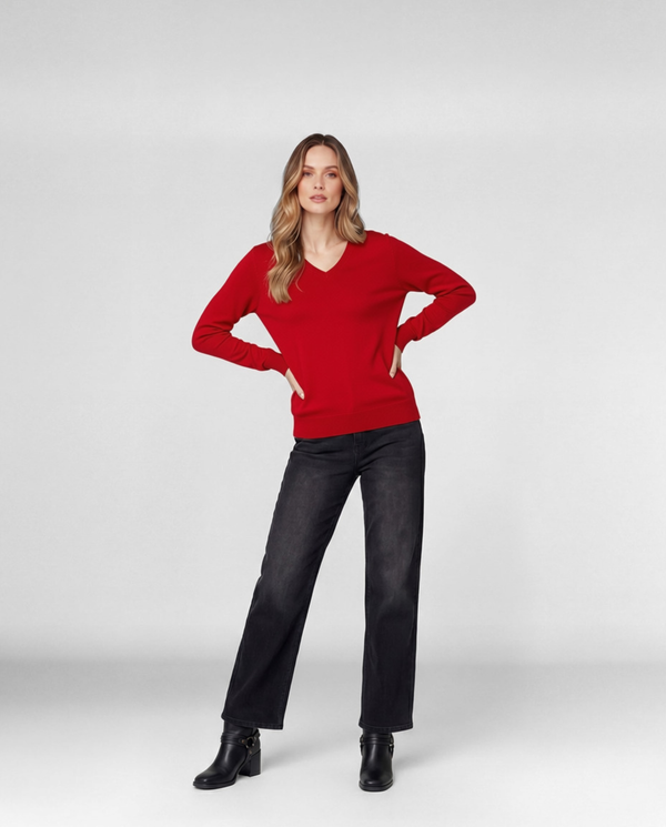 Sweater Mujer Ignacia Regular Fit Cuello En V Manga Caída Rojo Lineatre