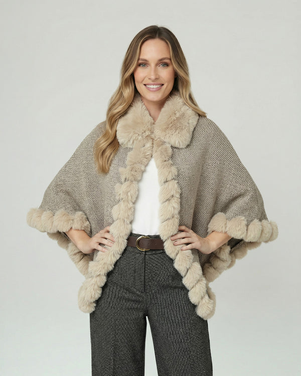 Poncho Mujer Lidia Overside Cuello Tipo Kimono  Manga Tipo Poncho Beige Lineatre