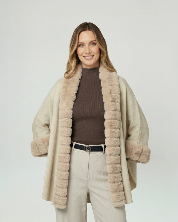 Poncho Mujer Lidia Overside Cuello Tipo Kimono  Manga Caída Beige Lineatre