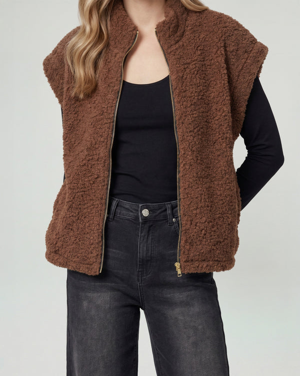 Gillet Mujer Antonia Relaxed Cuello Medio Alto Con Cierre Manga Caída Chocolate Lineatre