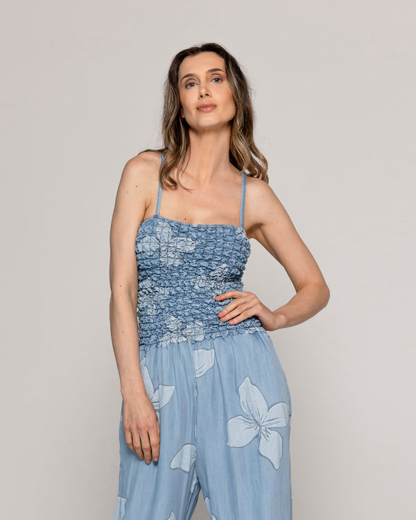  Enterito Mujer Largo Rebecca Jeans Azul Y Diseño De Flores Lineatre