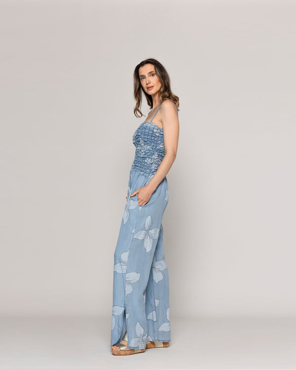  Enterito Mujer Largo Rebecca Jeans Azul Y Diseño De Flores Lineatre