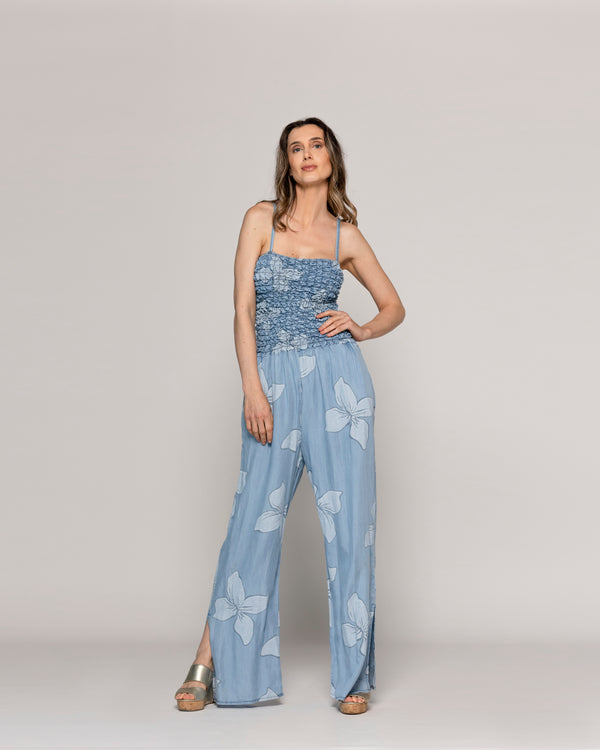  Enterito Mujer Largo Rebecca Jeans Azul Y Diseño De Flores Lineatre