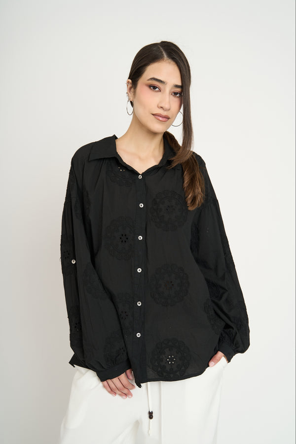 Blusa Mujer Bordado Flor Mandala Negro Lineatre