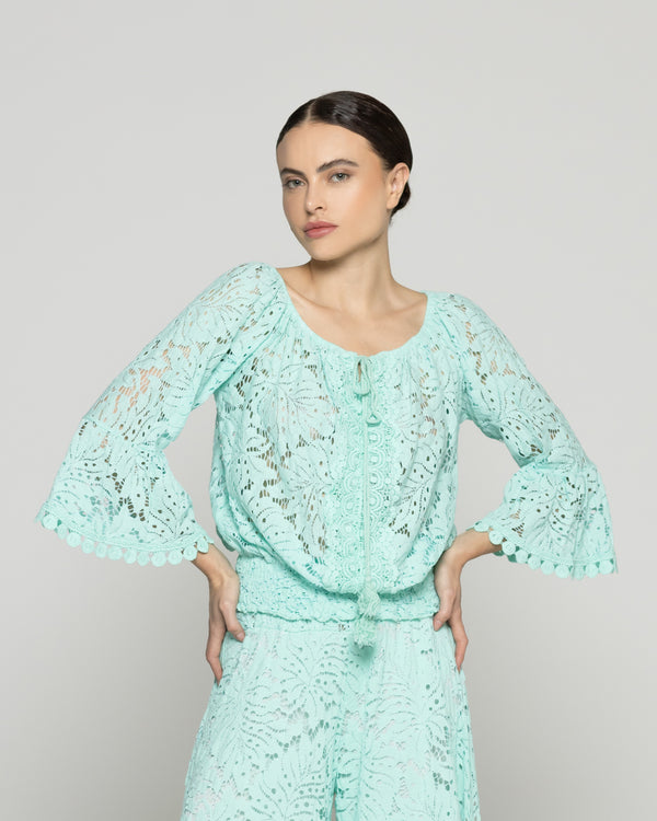 Blusa Mujer Benedetta De Encaje Manga Campana Verde Agua Lineatre