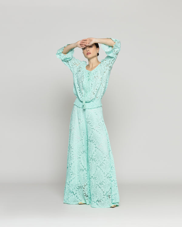 Blusa Mujer Benedetta De Encaje Manga Campana Verde Agua Lineatre