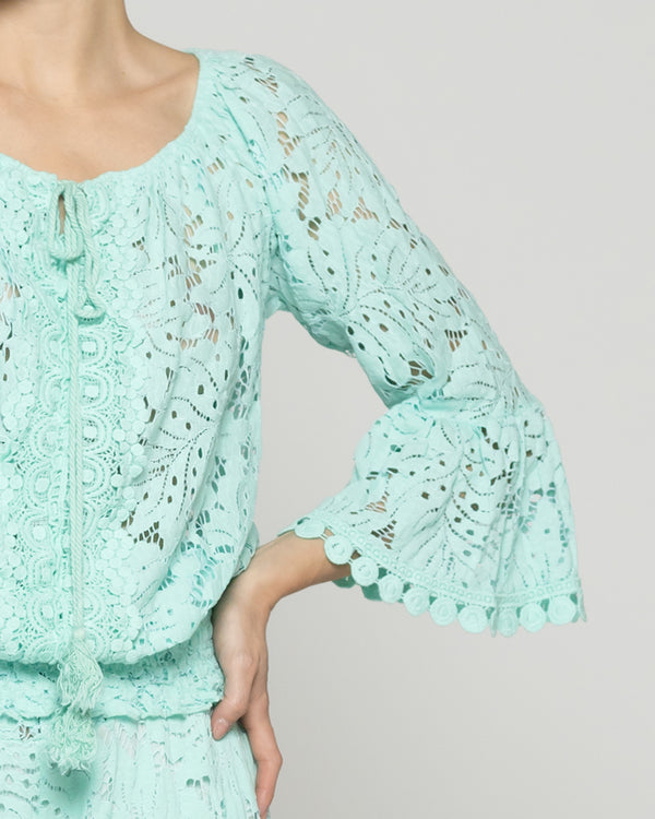 Blusa Mujer Benedetta De Encaje Manga Campana Verde Agua Lineatre