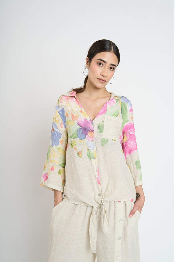 Blusa Mujer Elsa Cuello con solapa Beige Lineatre