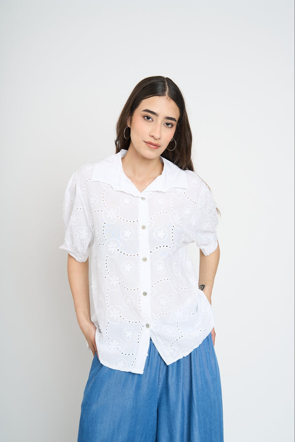 Blusa Mujer Constanza Cuello con solapa Blanco Lineatre