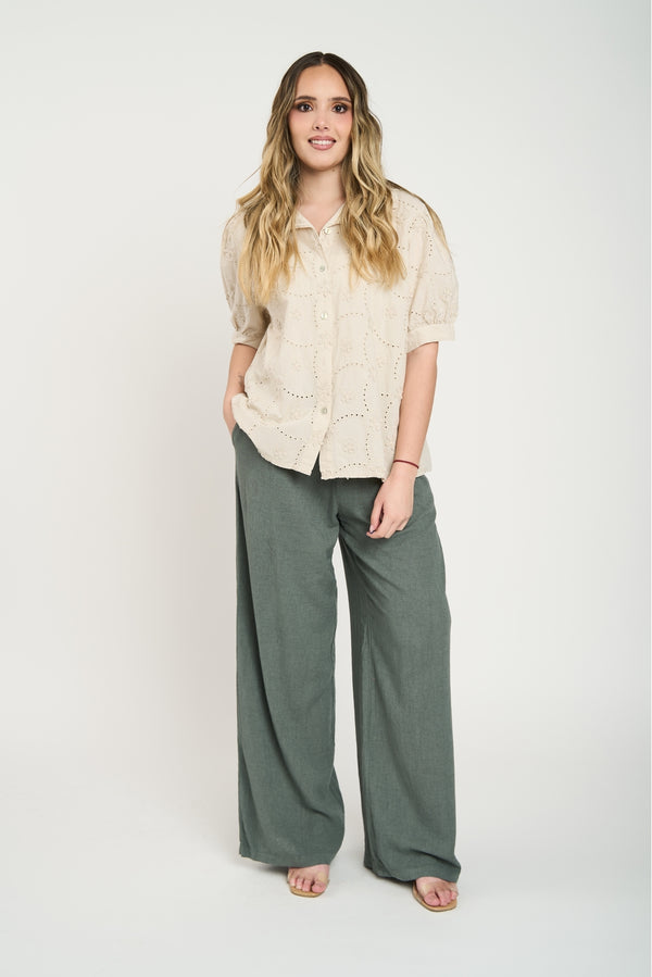 Blusa Mujer Constanza Cuello con solapa Beige Lineatre