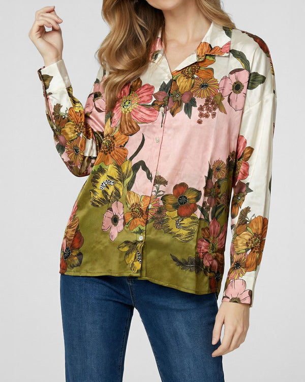 Blusa Mujer Elisiana Relaxed Cuello tipo camisa Manga 3/4 Militar Lineatre