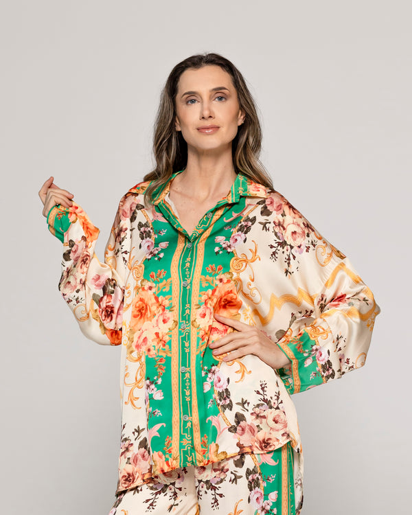 Blusa Mujer Brenna Tipo Satín Estampado  Verde Lineatre
