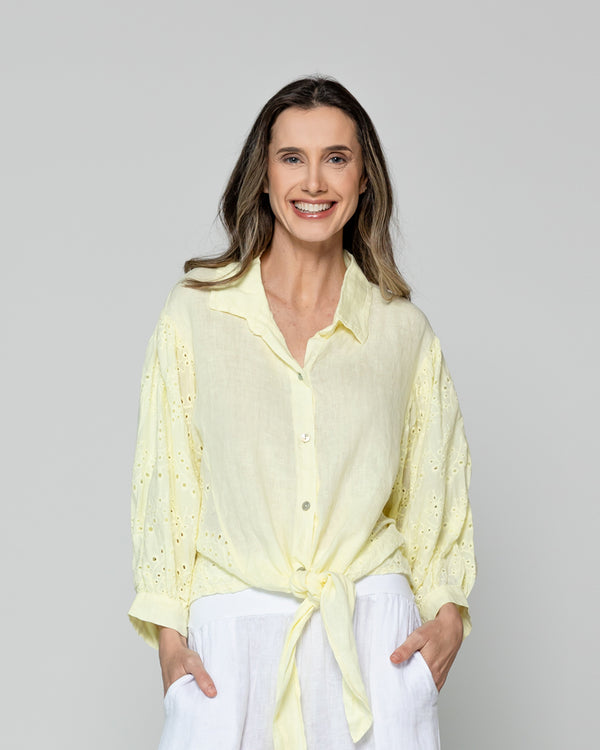 Blusa Mujer Benilda Lino Con Broderie Ajustable En La Cintura Amarilla Lineatre