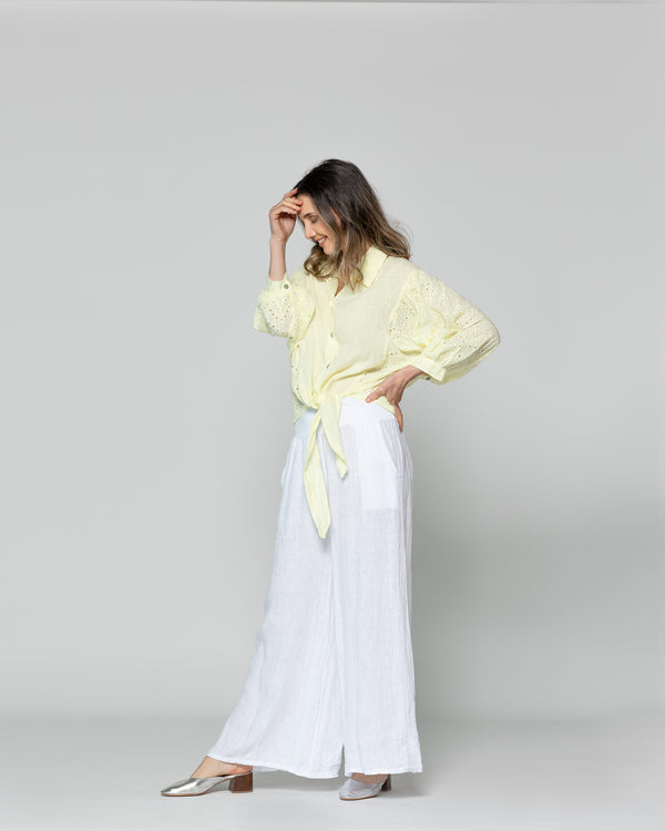 Blusa Mujer Benilda Lino Con Broderie Ajustable En La Cintura Amarilla Lineatre