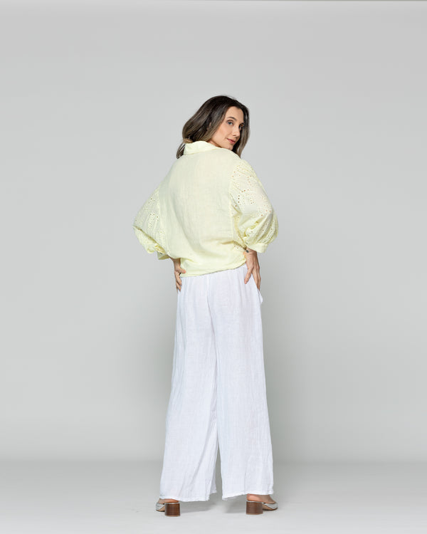 Blusa Mujer Benilda Lino Con Broderie Ajustable En La Cintura Amarilla Lineatre