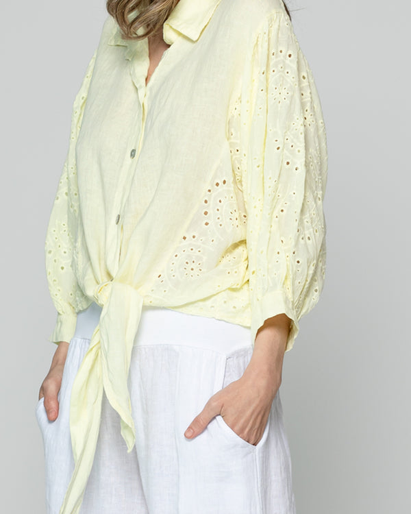 Blusa Mujer Benilda Lino Con Broderie Ajustable En La Cintura Amarilla Lineatre