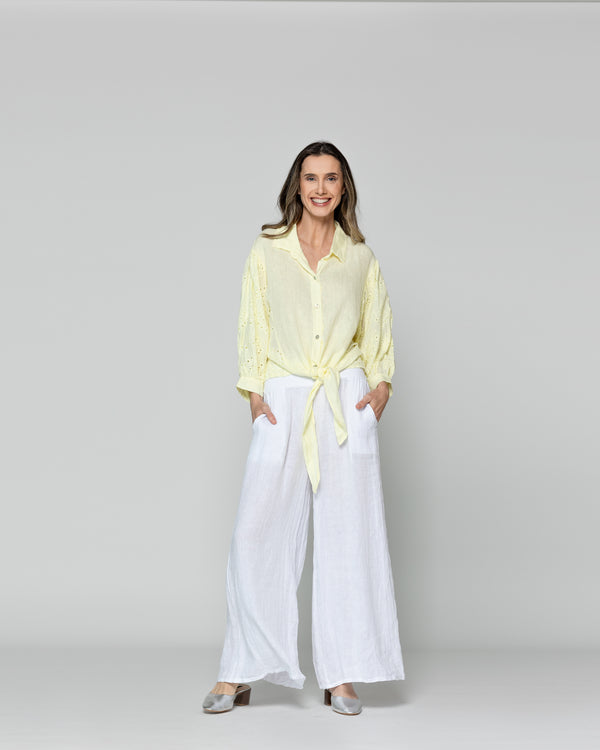 Blusa Mujer Benilda Lino Con Broderie Ajustable En La Cintura Amarilla Lineatre