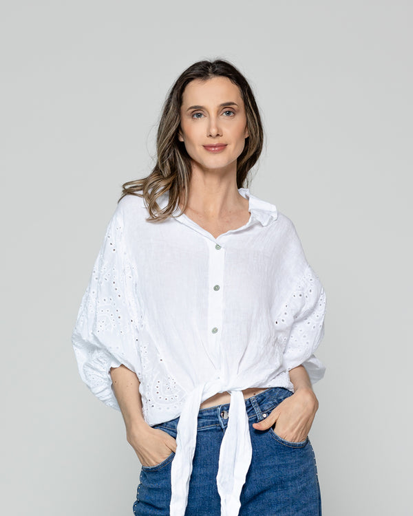 Blusa Mujer Benilda Lino Con Broderie Ajustable En La Cintura Blanca Lineatre