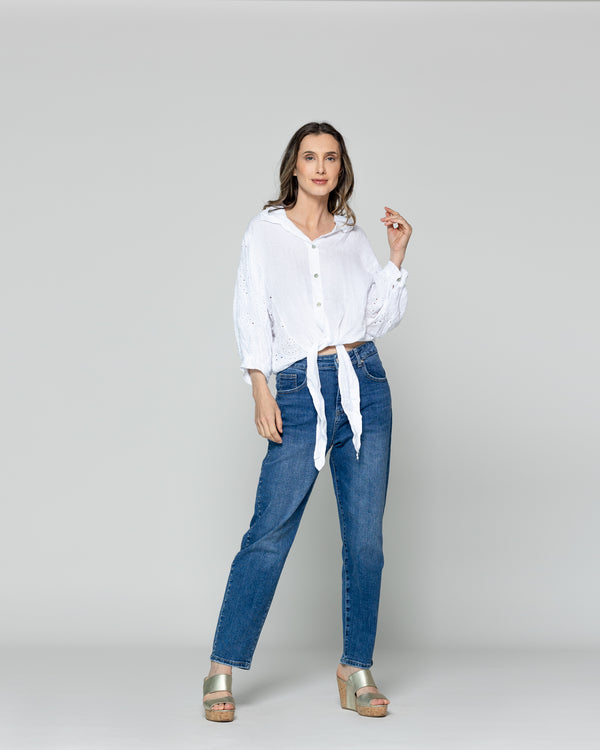 Blusa Mujer Benilda Lino Con Broderie Ajustable En La Cintura Blanca Lineatre