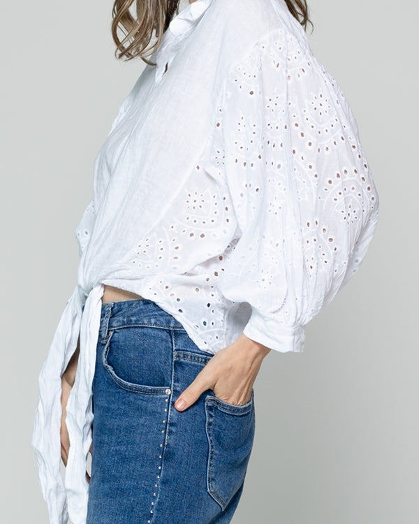 Blusa Mujer Benilda Lino Con Broderie Ajustable En La Cintura Blanca Lineatre