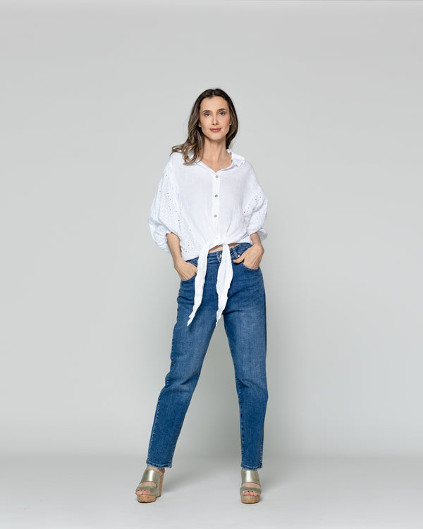 Blusa Mujer Benilda Lino Con Broderie Ajustable En La Cintura Blanca Lineatre