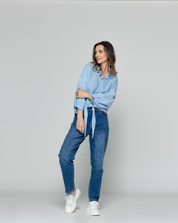 Blusa Mujer Benilda Lino Con Broderie Ajustable En La Cintura Celeste Lineatre