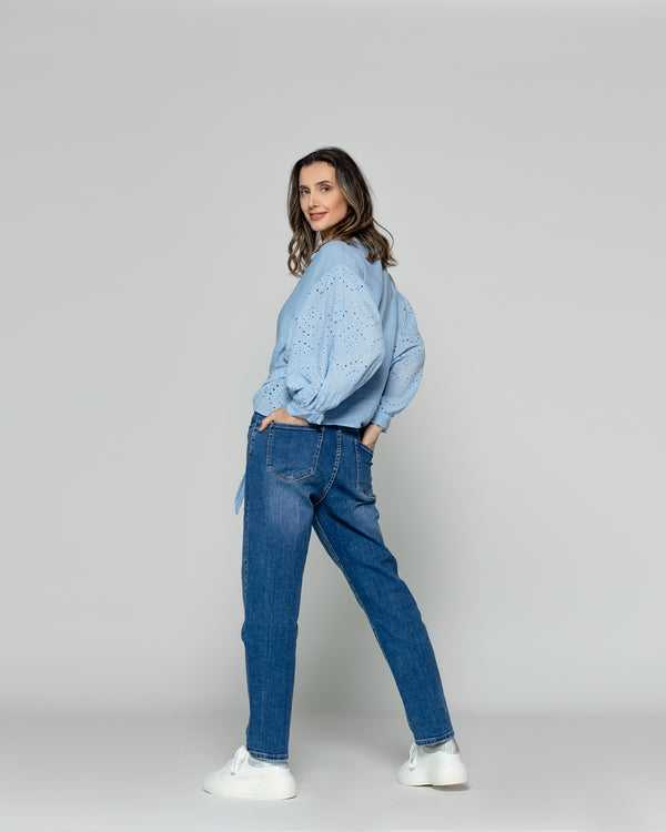 Blusa Mujer Benilda Lino Con Broderie Ajustable En La Cintura Celeste Lineatre