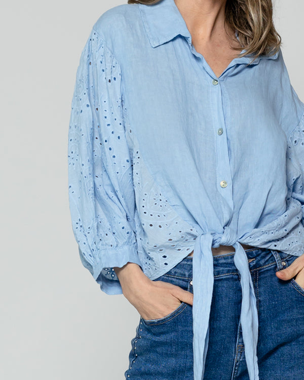Blusa Mujer Benilda Lino Con Broderie Ajustable En La Cintura Celeste Lineatre
